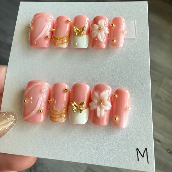 Peach Pink 3D Floral & Butterfly Press-On Nails - Picture 2 of 4